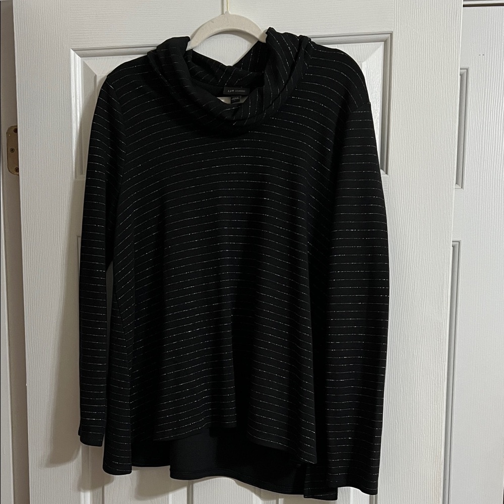 NWOT J. Jill Black and Silver Metallic Striped Cowl Neck Long Sleeve Top Large